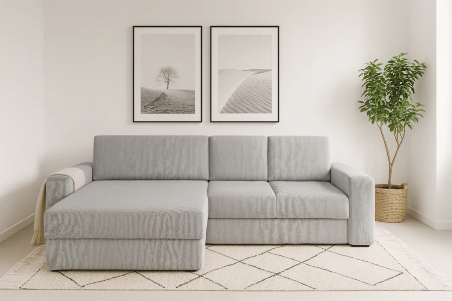 Modernes graues Ecksofa aus Cord im hellen Wohnzimmer mit Teppich und Deko