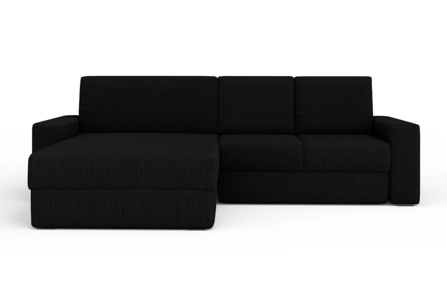 Schwarzes Ecksofa aus Cordstoff in L-Form auf weißem Hintergrund