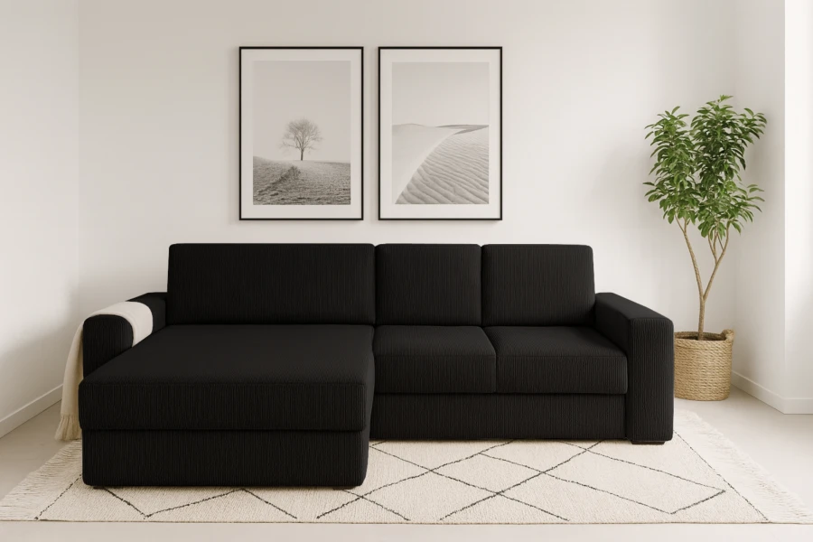 Ecksofa in Schwarz aus Cord im modern gestalteten Wohnzimmer-Ambiente