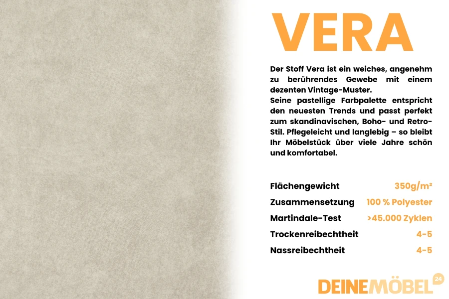 Eigenschaften und technische Daten des Polsterstoffs Vera für Möbel.