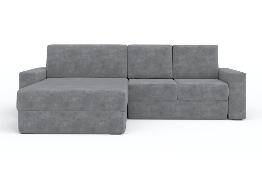Hellgraues Ecksofa in L-Form, moderne Couch vor weißem Hintergrund.
