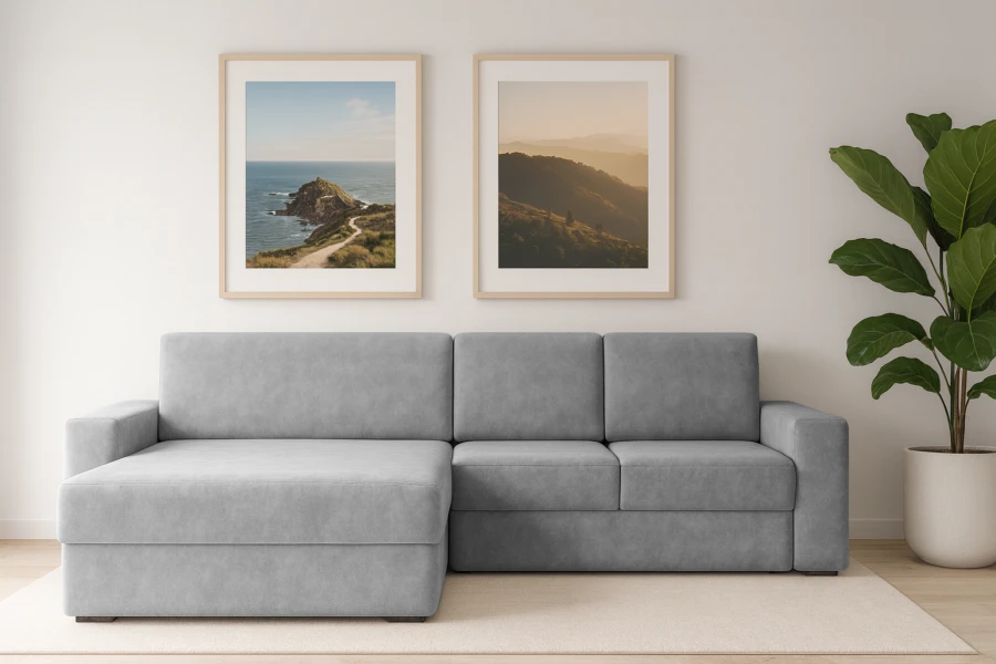 Modernes graues Ecksofa im hellen Wohnzimmer mit Wandbildern und großer Pflanze.
