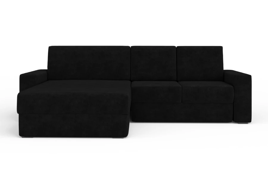 Modernes Ecksofa in Schwarz, L-förmiges Polstersofa vor weißem Hintergrund.
