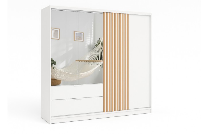 Weißer Kleiderschrank mit Spiegelfront und vertikalen Holzlamellen