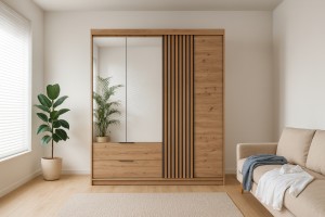 MAROKO Kleiderschrank Schiebetürenschrank Lamellen 3-türig mit Schubladen Spiegel