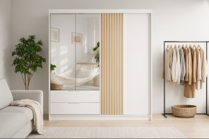 MAROKO Kleiderschrank Schiebetürenschrank Lamellen 3-türig mit Schubladen Spiegel