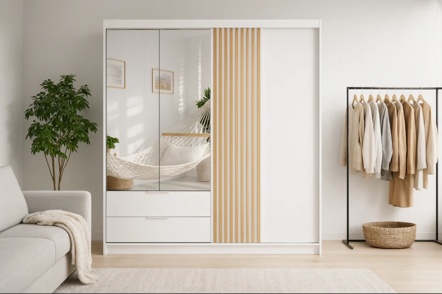 Weißer Schrank mit Spiegel und Holzlamellen in heller Raumatmosphäre