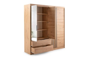 MAROKO Kleiderschrank Schiebetürenschrank Lamellen 3-türig mit Schubladen Spiegel