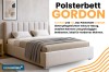 Modernes Polsterbett GORDON in Beige mit hohem Kopfteil und praktischem Bettkasten.