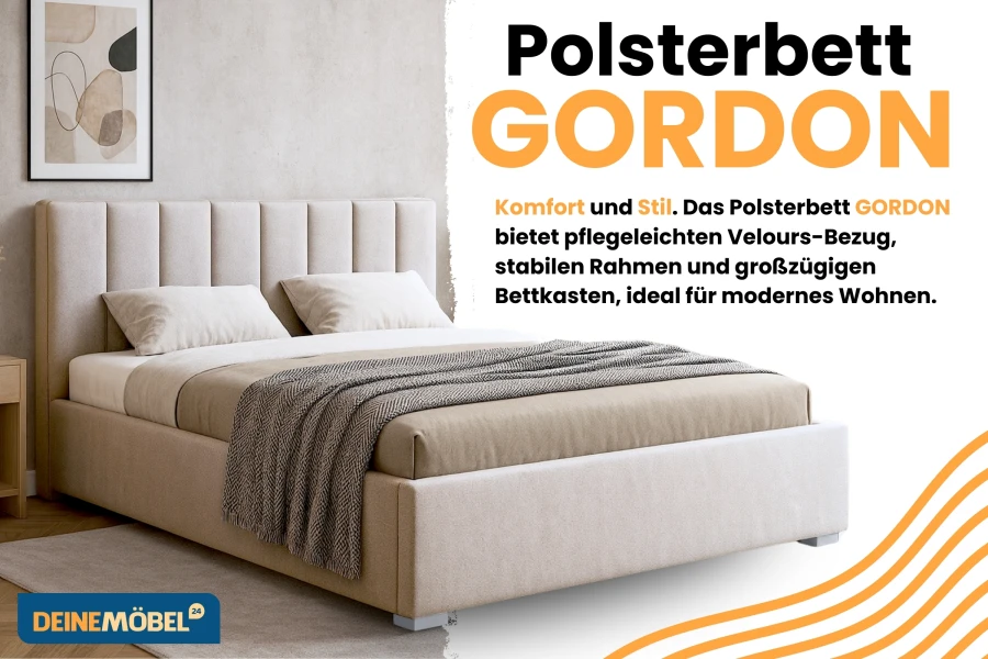 Beiges Polsterbett GORDON mit gestepptem Kopfteil im Schlafzimmer