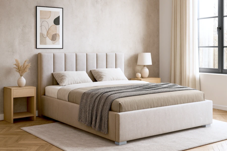 Stilvoll eingerichtetes Schlafzimmer mit beigem Polsterbett, Nachttischen und moderner Wandkunst.