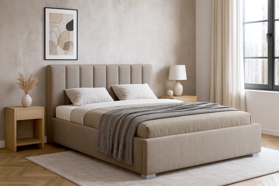 Beiges Polsterbett mit gestepptem Kopfteil in modernem Schlafzimmer Ambiente.