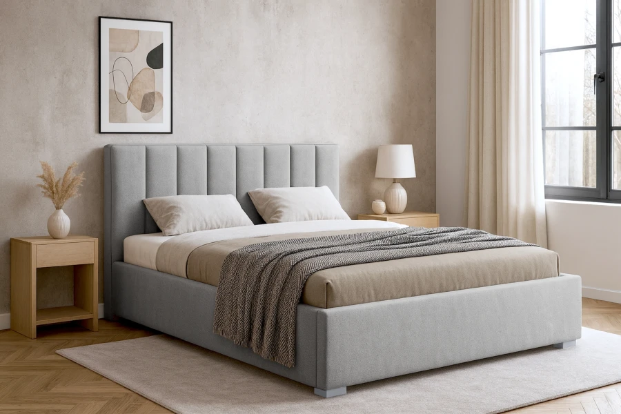 Graues Polsterbett mit Kopfteilsteppung in hellem Schlafzimmer mit Parkettboden.