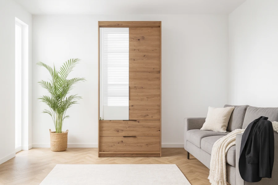 Moderner Kleiderschrank in Holzoptik mit Spiegeltür und zwei Schubladen in hellem Wohnzimmer.