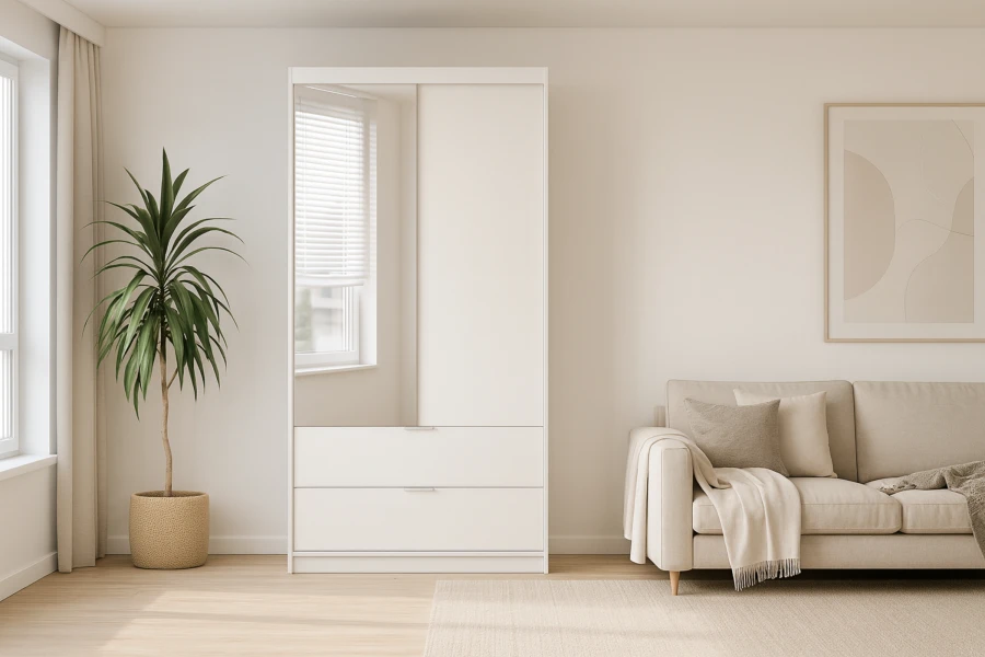 Moderner weißer Kleiderschrank mit Spiegel und zwei Schubladen in hellem Wohnzimmer-Ambiente.