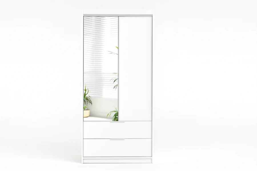 Weißer Kleiderschrank mit Spiegeltür und zwei Schubladen vor weißem Hintergrund.