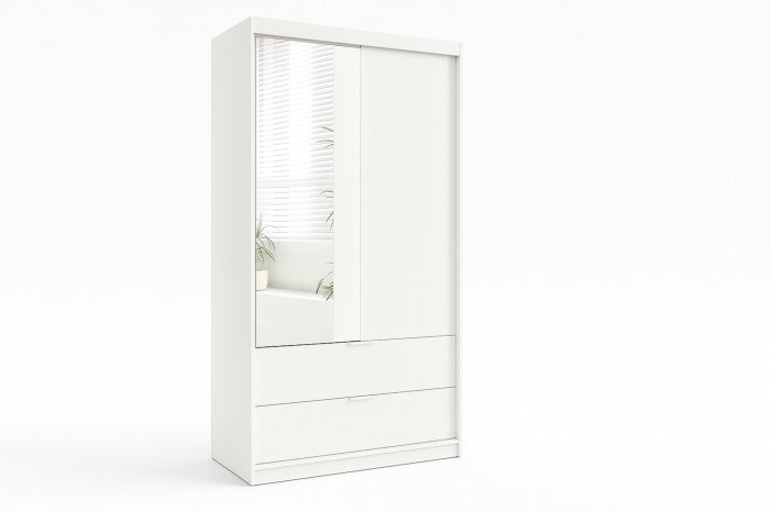 Kompakter weißer Kleiderschrank mit Spiegelfront und Schubfächern in Schrägansicht.