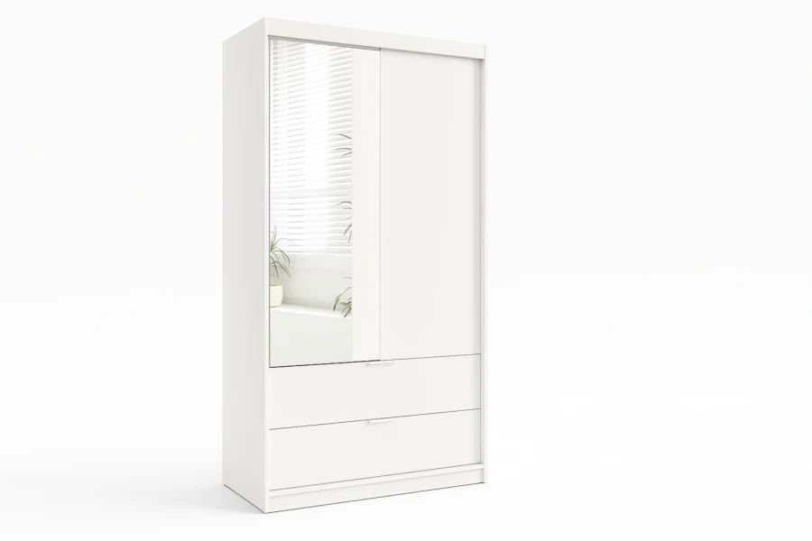 Moderner weißer Schrank mit Spiegel und Schubladen, Seitenansicht auf Weiß