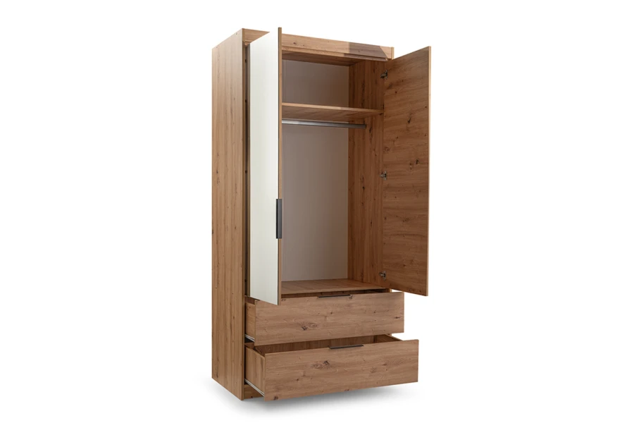 Kleiderschrank in Eiche-Optik mit offenen Türen, zwei Schubladen und Inneneinteilung für das Schlafzimmer.