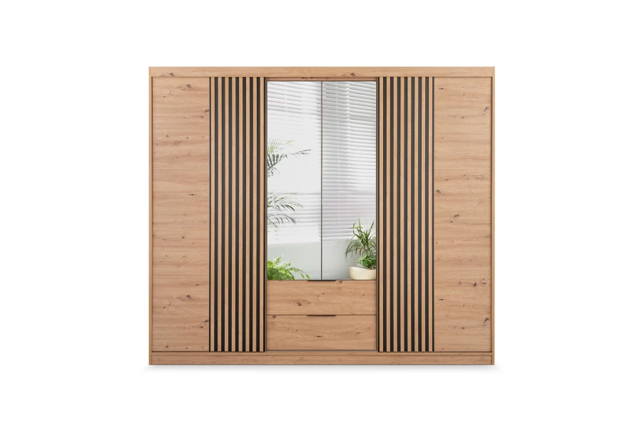 Kleiderschrank Eiche-Optik mit schwarzen Lamellen und Spiegel - Frontansicht