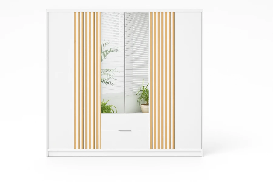 Weißer Kleiderschrank mit hellen Eiche-Lamellen und großem Spiegel, moderne Optik.