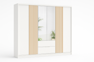 MAROKO Kleiderschrank 250 cm Schiebetürenschrank Lamellen mit Schubladen und Spiegel