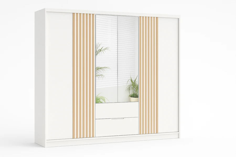Moderner weißer Kleiderschrank mit Holzlamellen und Spiegel auf weißem Hintergrund.