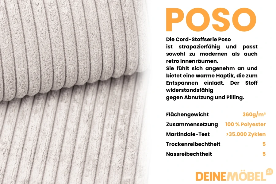 Properties and technical data of the durable Poso corduroy fabric series in beige.
