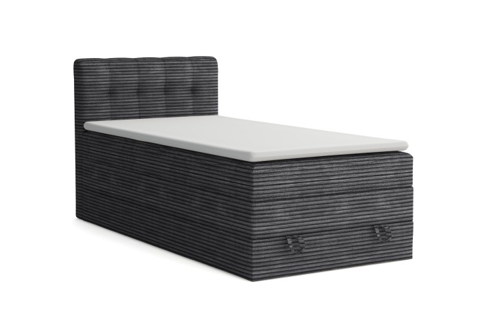 Modernes Boxspring-Einzelbett mit grauem Cordbezug und weißem Topper.