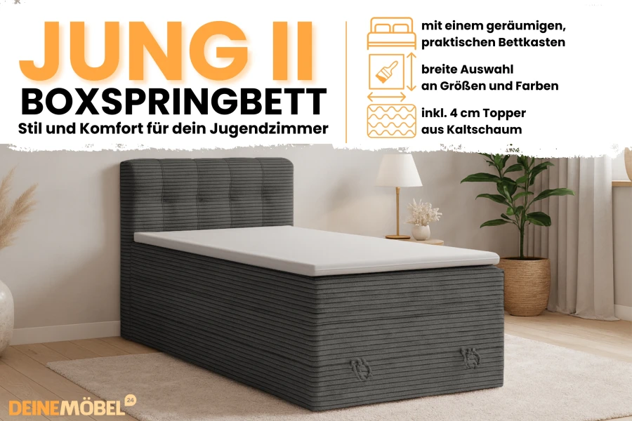 Modernes Jung II Boxspringbett in Dunkelgrau mit Bettkasten für das Jugendzimmer.