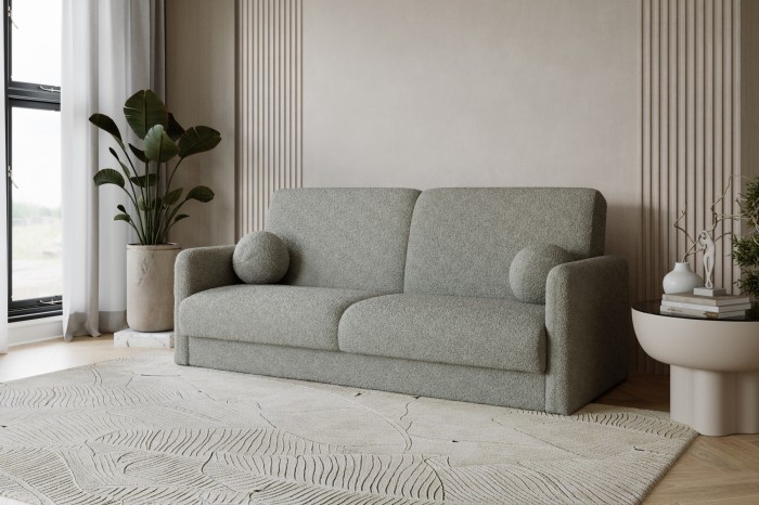 Elegantes graues 2-Sitzer Sofa mit runden Zierkissen in modernem Wohnzimmer.