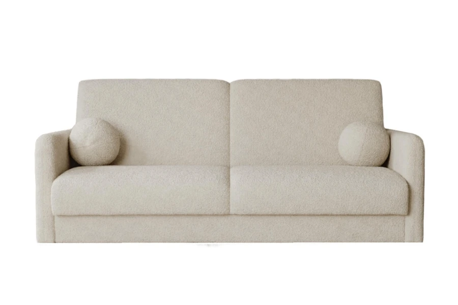 Cremeweißes 2-Sitzer Sofa aus strukturiertem Bouclé-Stoff auf weißem Hintergrund.