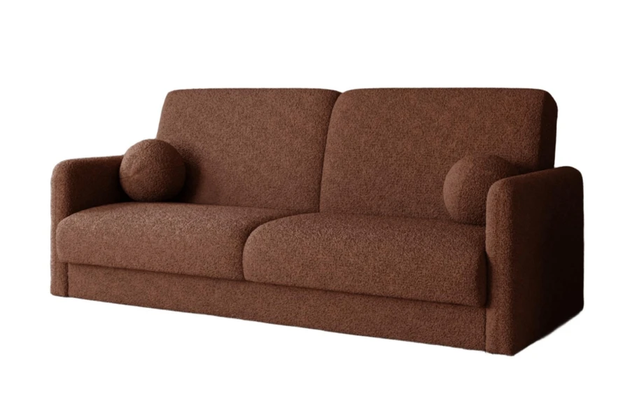 Braunes Bouclé-Sofa mit zwei runden Kissen, modernes Design für das Wohnzimmer.