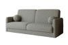 Graues Sofa aus strukturiertem Bouclé-Stoff mit zwei runden Zierkissen.