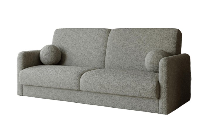 Graues Bouclé-Sofa mit zwei runden Kissen, modernes 2-Sitzer Sofa in Olivgrau.