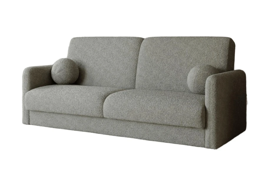 Graues Sofa aus strukturiertem Bouclé-Stoff mit zwei runden Zierkissen.