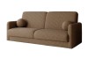 Taupefarbenes Bouclé-Sofa mit weicher Textur und zwei runden Kissen.