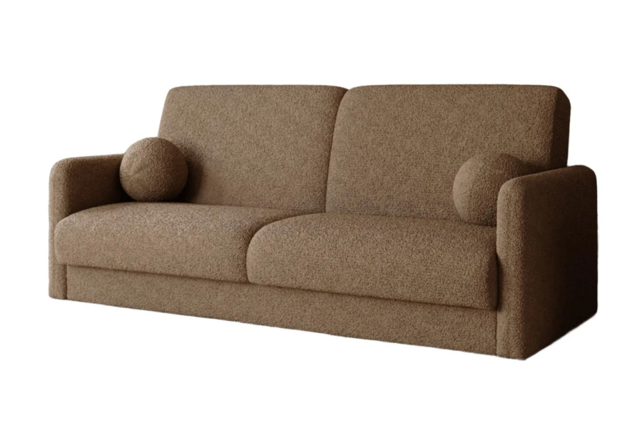 Taupefarbenes Bouclé-Sofa mit weicher Textur und zwei runden Kissen.