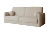 Cremefarbenes Bouclé-Sofa mit strukturiertem Stoff und runden Dekokissen.