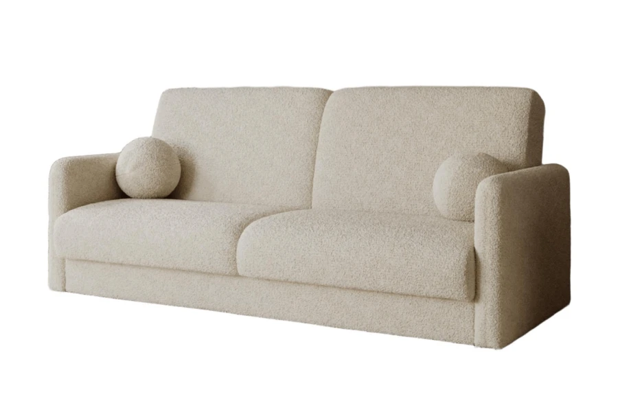 Cremefarbenes Bouclé-Sofa mit strukturiertem Stoff und runden Dekokissen.