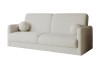 Weißes Bouclé-Sofa im minimalistischen Stil mit zwei runden Zierkissen.