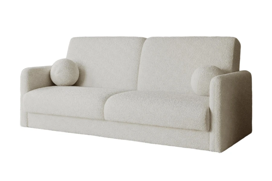Weißes Bouclé-Sofa im minimalistischen Stil mit zwei runden Zierkissen.