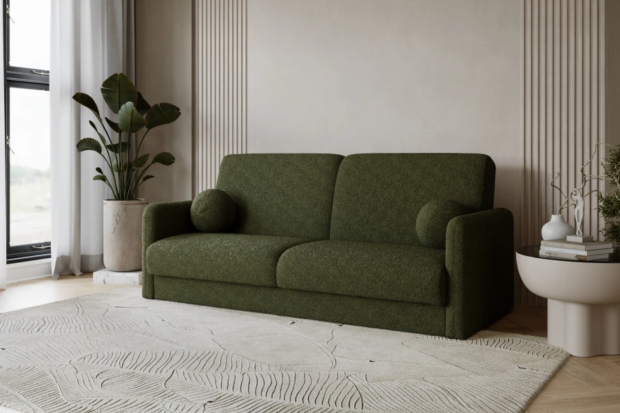 Stilvolles dunkelgrünes Bouclé Sofa in einem modern gestalteten Wohnzimmer.