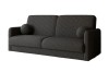 Anthrazitfarbenes Bouclé Sofa mit weichem Stoff und zwei runden Kissen.