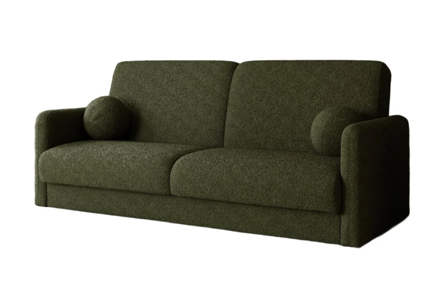 Dunkelgrünes Bouclé Sofa für ein modernes Zuhause auf weißem Hintergrund.