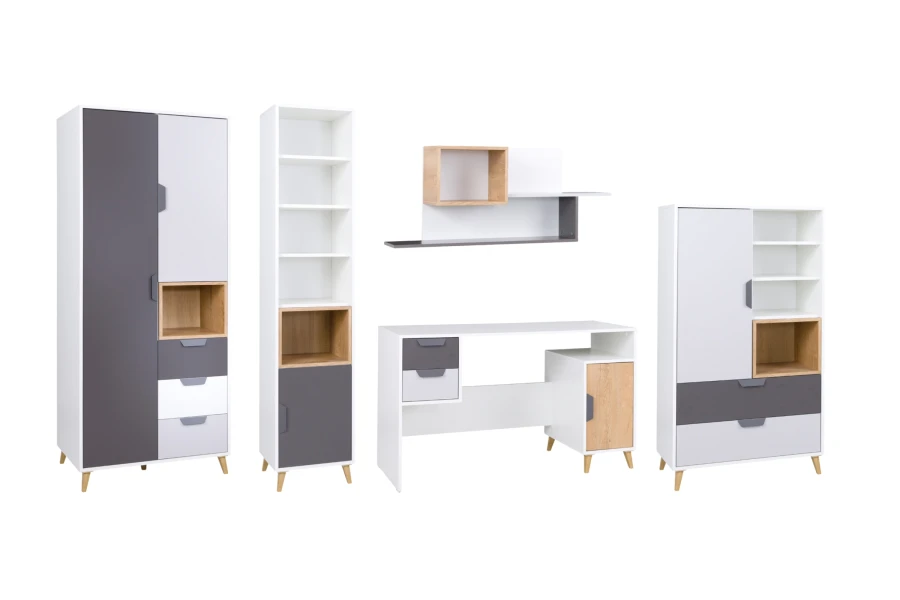 Modernes Möbelset für Jugendzimmer in Weiß, Grau und Eiche bestehend aus Schrank und Schreibtisch.