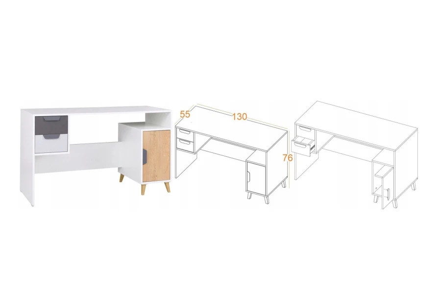 Maßzeichnung für Schreibtisch in Weiß-Grau mit Eichentür, Maße 130 x 55 x 76 cm.