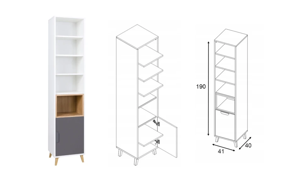 Hohes Bücherregal in Weiß und Grau mit Maßen und technischer Zeichnung.