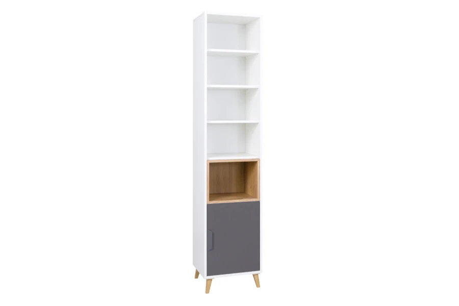 Schmaler Hochschrank in Weiß mit grauer Tür und offenem Eichenfach.