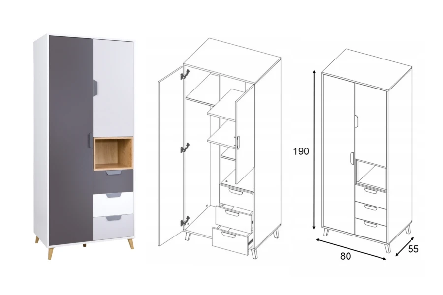 Moderner Kleiderschrank in Weiß, Grau und Eiche mit Maßen 190x80x55 cm und Innenansicht.